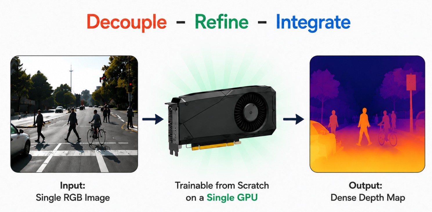 Feature-Decoupled Lightweight Monocular Depth Estimation Trained from a Single GPU